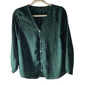 West Kei Green Long Sleeve Button Down Speckled Flowy Blouse Size Small‎